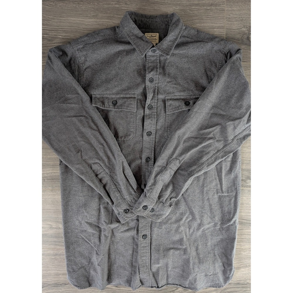 LL Bean Mens Flannel Shirt Large Tall Gray Cotton Traditional Fit Long Sleeve